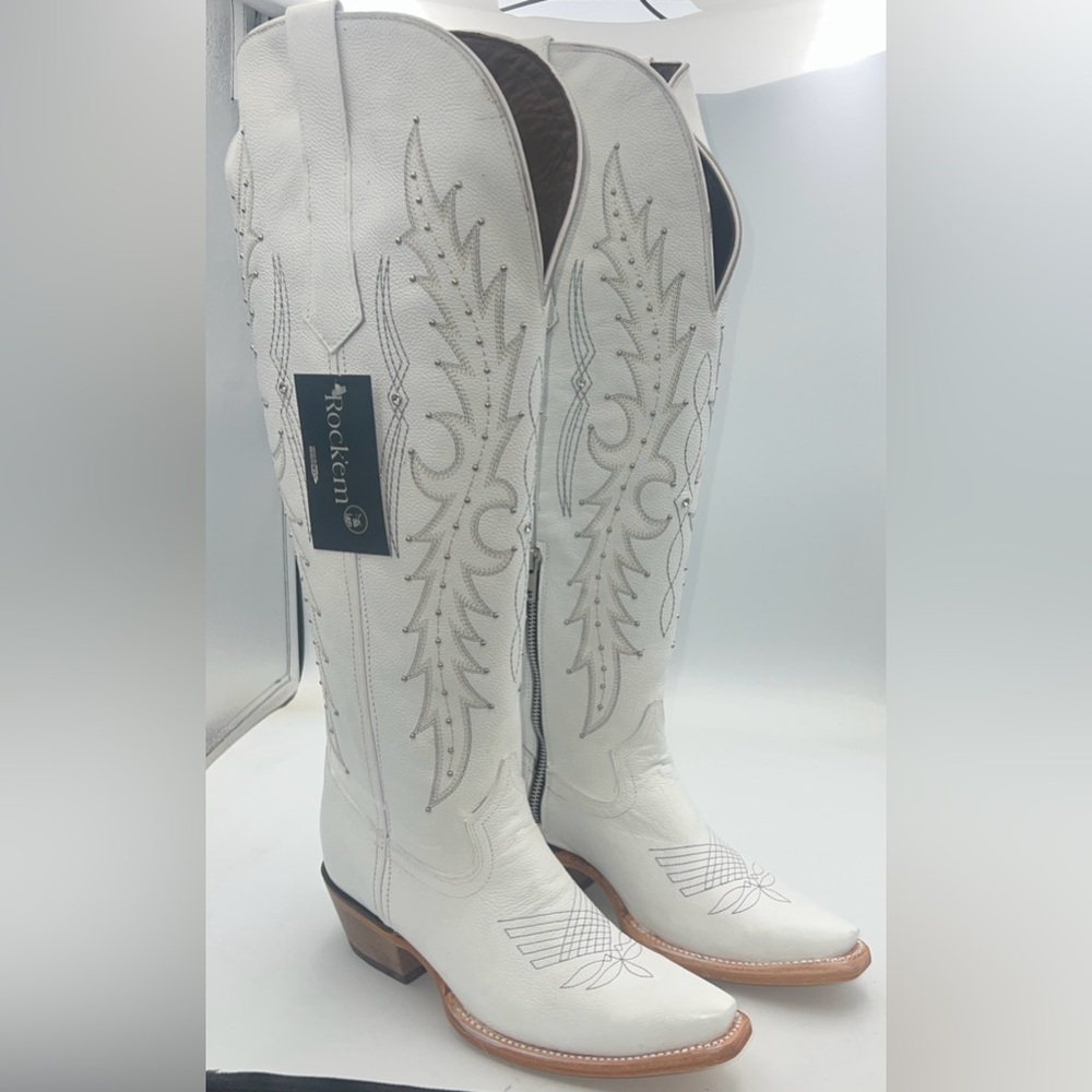 Rock’em Paulina Leather SnipToe Cowgirl Boots WhiteRhinestone SZ 7 Wide Calf NWB